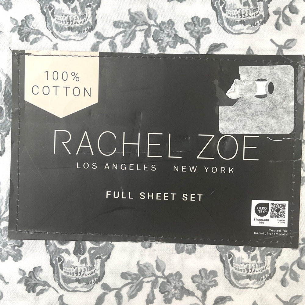 Rachel Zoe Full Sheet Set 100% Cotton Grey White Skull Floral Damask 4 Piece NEW - Picture 3 of 5